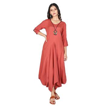 Women   s Mineral Red Rayon Flex Long Dress with Open Sleeves 1