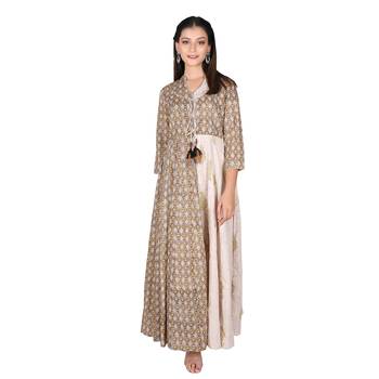 Women   s Olive Green Cotton Printed Flared Double Layered Dress 1