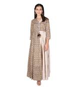 Women   s Olive Green Cotton Printed Flared Double Layered Dress