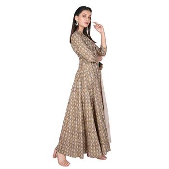 Women   s Olive Green Cotton Printed Flared Double Layered Dress 2