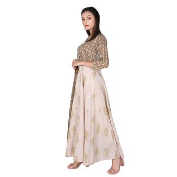 Women   s Olive Green Cotton Printed Flared Double Layered Dress 4