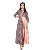 Women   s Peach Grey Cotton Printed Flared Double Layered Dress