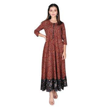 Women   s Maroon Cotton Printed Flared Long Dress 1