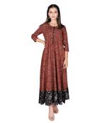 Women   s Maroon Cotton Printed Flared Long Dress