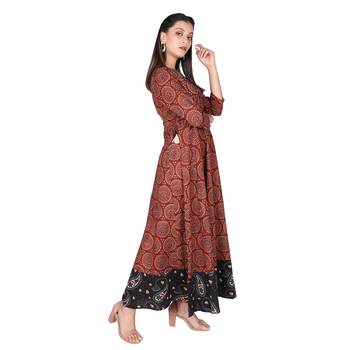 Women   s Maroon Cotton Printed Flared Long Dress 2