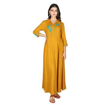 Women   s Mustard Rayon Staple Embroidery Flared Dress 1