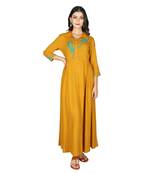 Women   s Mustard Rayon Staple Embroidery Flared Dress