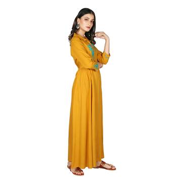 Women   s Mustard Rayon Staple Embroidery Flared Dress 2