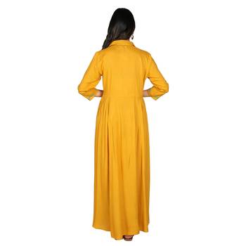 Women   s Mustard Rayon Staple Embroidery Flared Dress 3