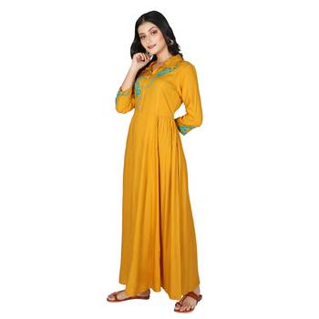 Women   s Mustard Rayon Staple Embroidery Flared Dress 4