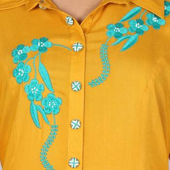Women   s Mustard Rayon Staple Embroidery Flared Dress 5