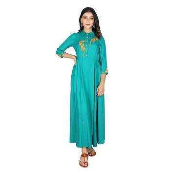 Women   s Teal Rayon Staple Embroidery Flared Dress 1