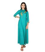 Women   s Teal Rayon Staple Embroidery Flared Dress