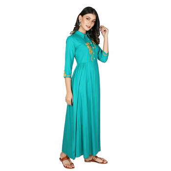 Women   s Teal Rayon Staple Embroidery Flared Dress 2