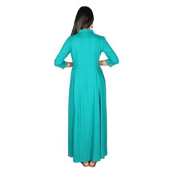 Women   s Teal Rayon Staple Embroidery Flared Dress 3