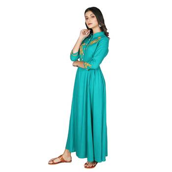 Women   s Teal Rayon Staple Embroidery Flared Dress 4