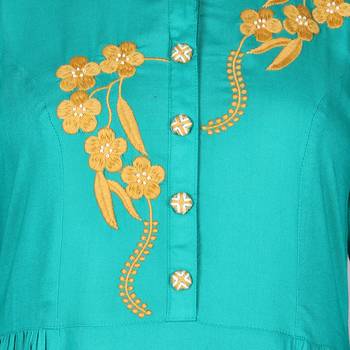 Women   s Teal Rayon Staple Embroidery Flared Dress 5