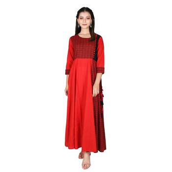 Women   s Red Cotton Printed Yoke Kalidar Flared Dress 1