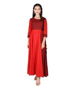 Women   s Red Cotton Printed Yoke Kalidar Flared Dress