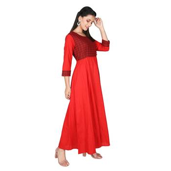 Women   s Red Cotton Printed Yoke Kalidar Flared Dress 2