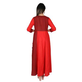 Women   s Red Cotton Printed Yoke Kalidar Flared Dress 3
