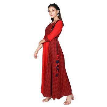 Women   s Red Cotton Printed Yoke Kalidar Flared Dress 4