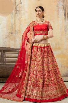 Red Zari And Sequins Embroidered Satin Semi Stitched Bridal Lehenga