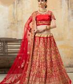 Red Zari And Sequins Embroidered Satin Semi Stitched Bridal Lehenga