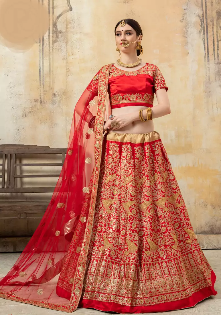 Red Zari And Sequins Embroidered Satin Semi Stitched bridal lehenga