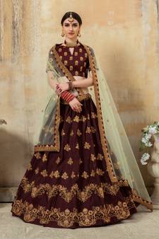 Maroon Dori And Zari Embroidered Silk Semi Stitched bridal lehenga