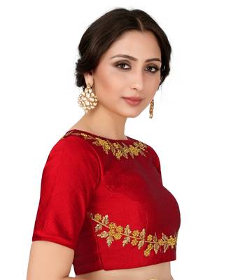 Red Semi Stitched Raw Silk Blouse With Hand Work 2