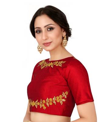 Red Semi Stitched Raw Silk Blouse With Hand Work 3