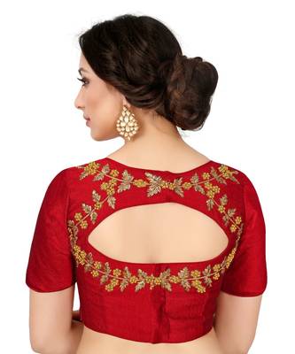 Red Semi Stitched Raw Silk Blouse With Hand Work 4