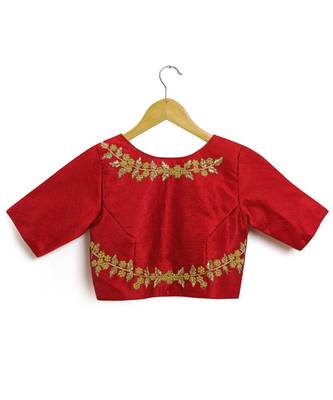 Red Semi Stitched Raw Silk Blouse With Hand Work 5
