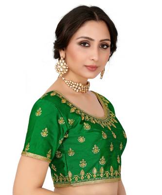 Green Semi Stitched Raw Silk Blouse With Hand Work 1