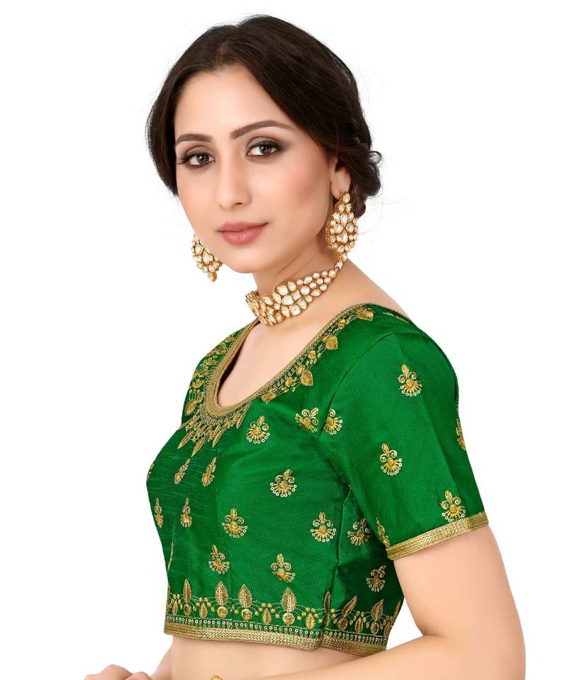 Green Semi Stitched Raw Silk Blouse With Hand Work
