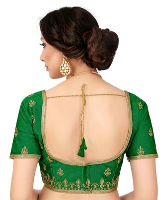 Green Semi Stitched Raw Silk Blouse With Hand Work 3