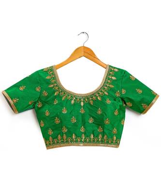 Green Semi Stitched Raw Silk Blouse With Hand Work 4
