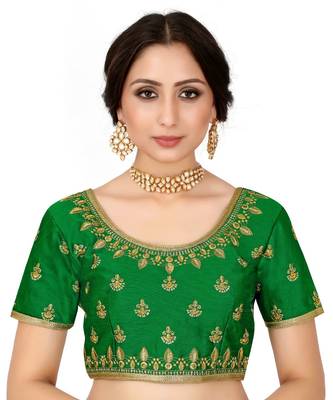 Green Semi Stitched Raw Silk Blouse With Hand Work 1