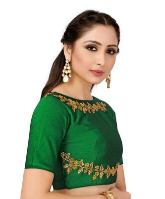 Green Semi Stitched Raw Silk Blouse With Hand Work 2