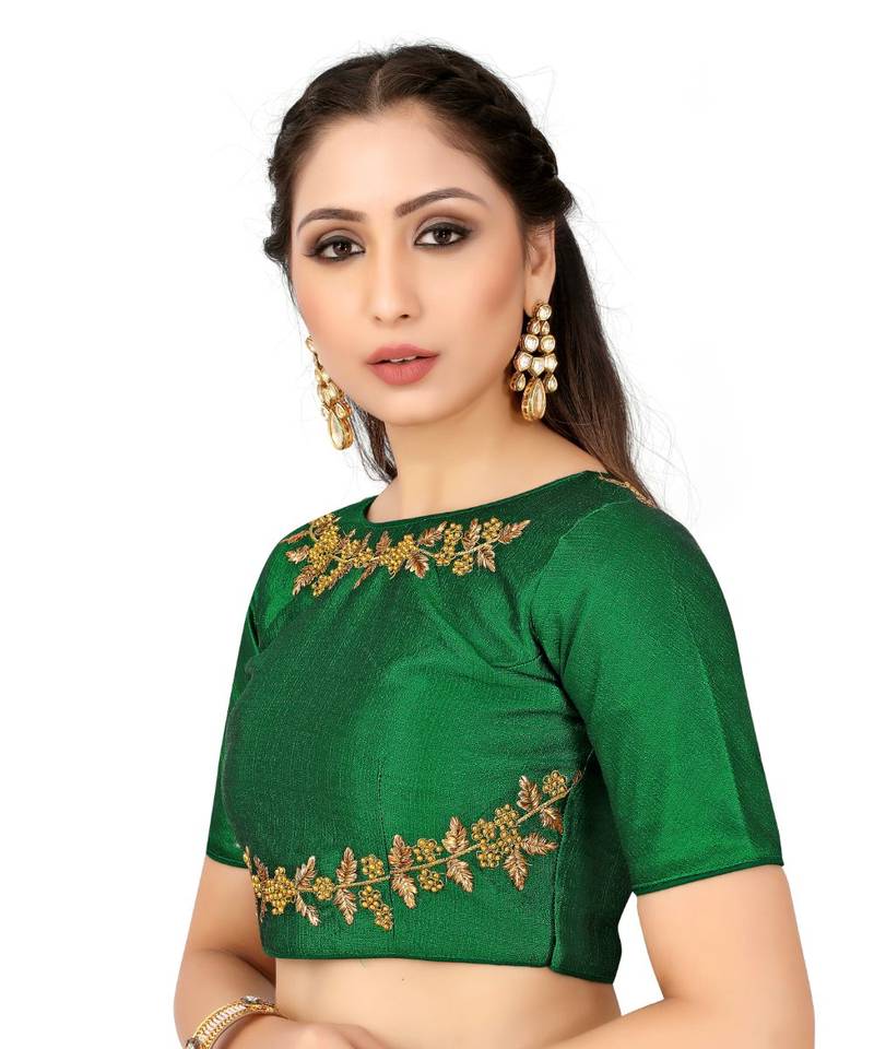 Green Semi Stitched Raw Silk Blouse With Hand Work