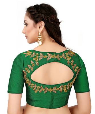 Green Semi Stitched Raw Silk Blouse With Hand Work 4