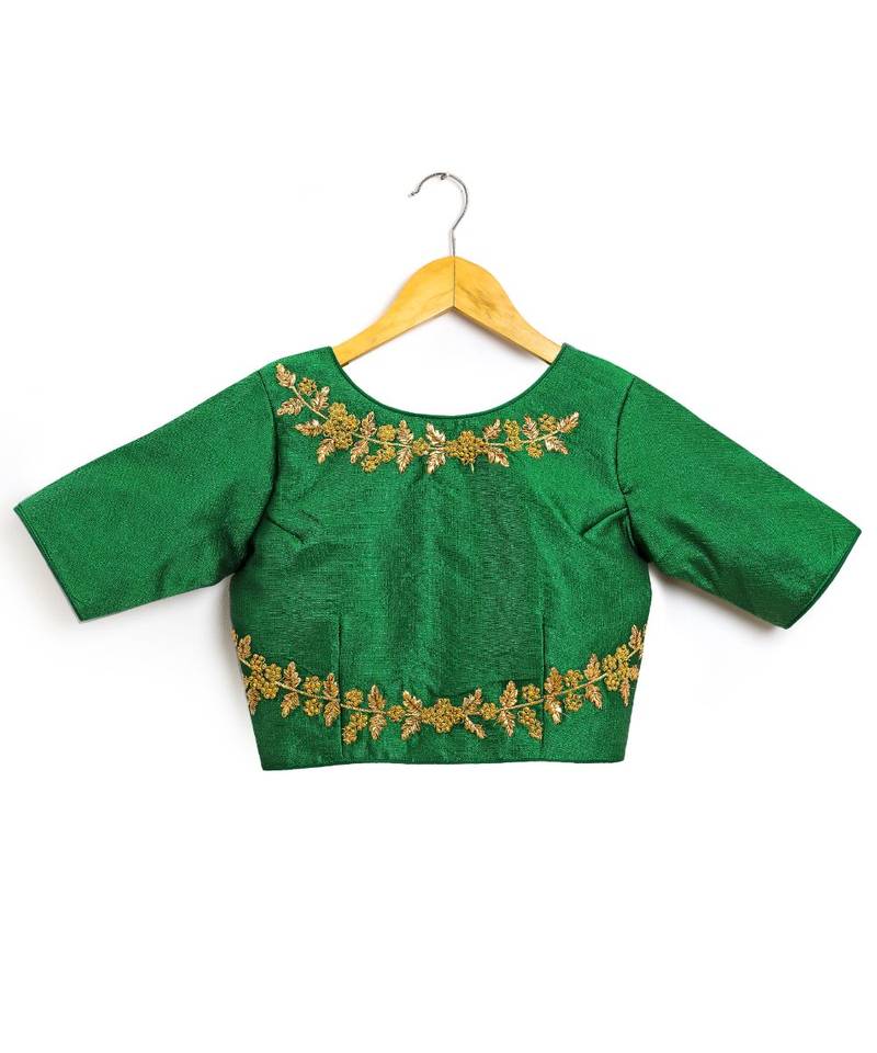 Green Semi Stitched Raw Silk Blouse With Hand Work