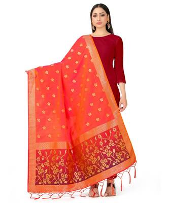 Women'S  Peach Banarasi Art Silk Dupatta 1