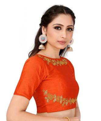 Orange Semi Stitched Raw Silk Blouse With Hand Work 1