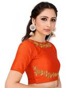 Orange Semi Stitched Raw Silk Blouse With Hand Work