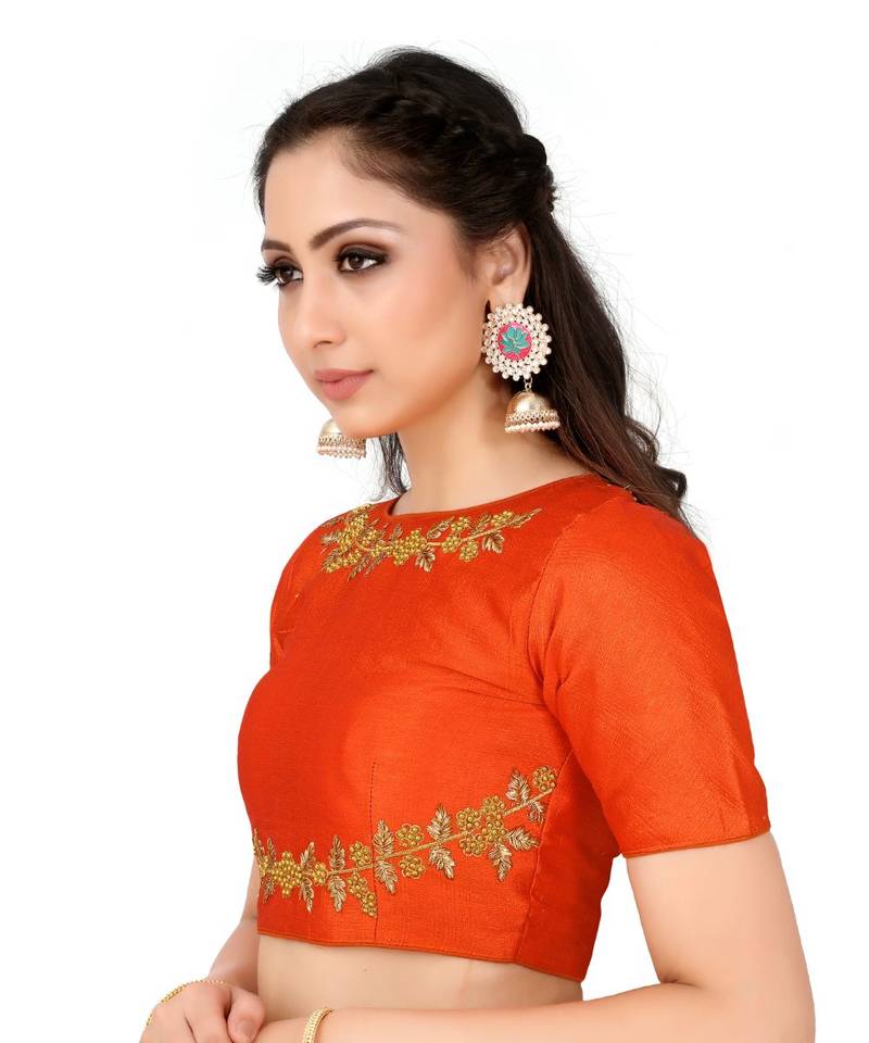 Orange Semi Stitched Raw Silk Blouse With Hand Work