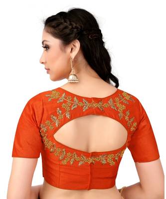Orange Semi Stitched Raw Silk Blouse With Hand Work 3