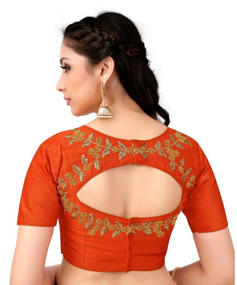 Orange Semi Stitched Raw Silk Blouse With Hand Work