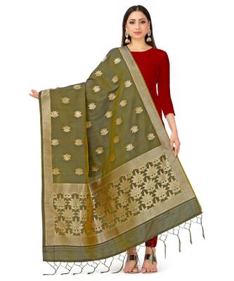 Women'S  Olive Banarasi Art Silk Dupatta 1